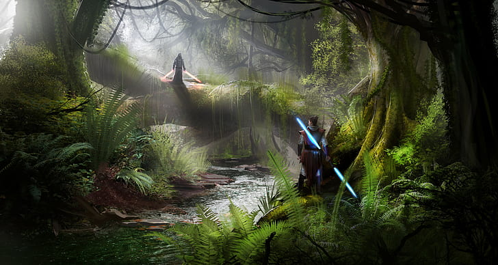 Джедай, ситх, световой меч, лес, HD обои
