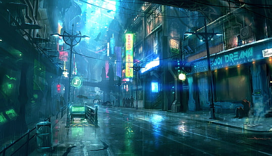 cyberpunk, futurista, cidade, chovendo, rua, luzes, pessoas, ficção científica, fantasia, HD papel de parede HD wallpaper
