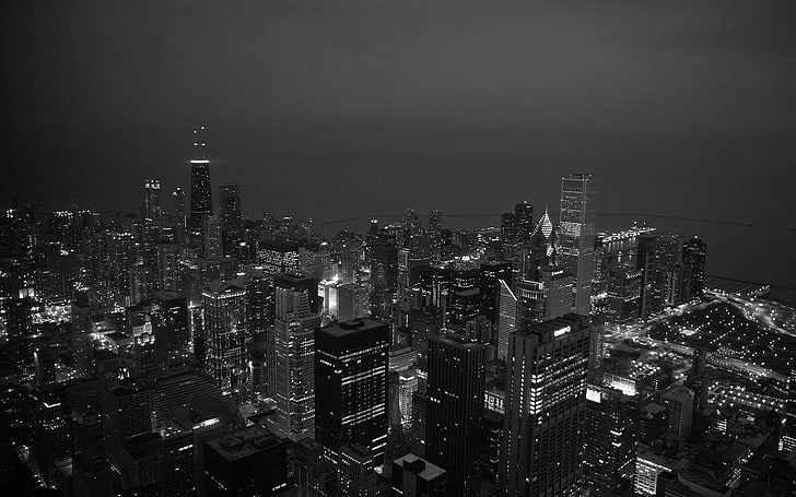 flygfoto över stad, stadsbild, stad, arkitektur, svartvit, Chicago, HD tapet
