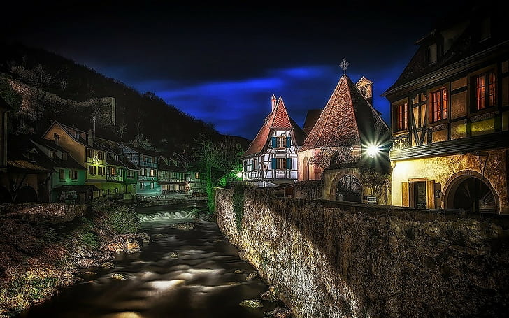 landscape kaysersberg france city evening lights house hdr architecture canal hill urban shrubs, HD wallpaper