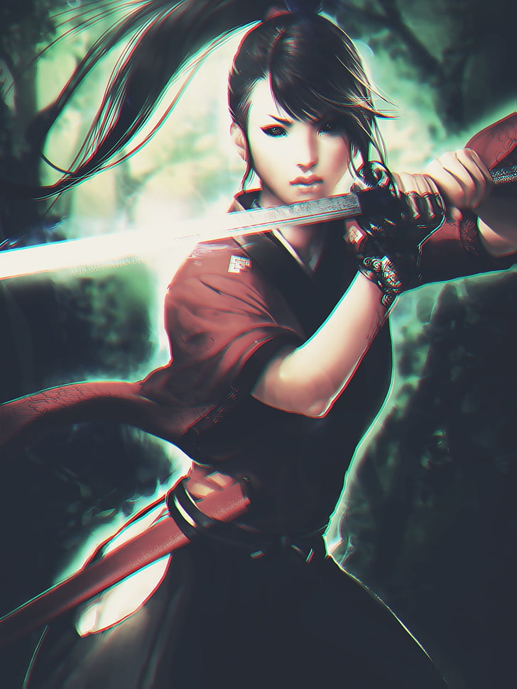 mulher vestindo camisa vermelha segurando a espada cartaz gráfico katana, ninjas, olhos negros, floresta, obras de arte, arte dos fãs, HD papel de parede, papel de parede de celular