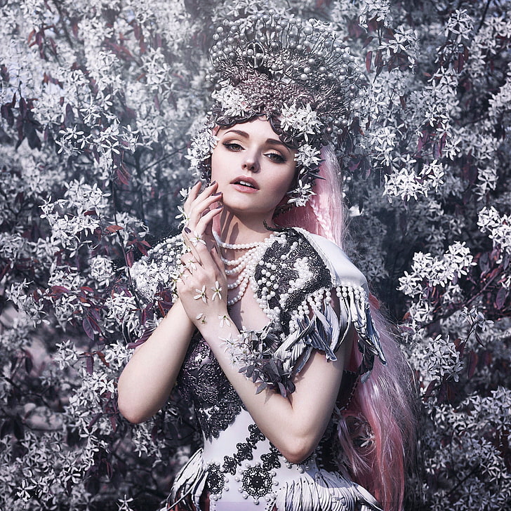 girl, decoration, flowers, style, outfit, pink hair, Bella Kotak, Jodi Lakin, HD wallpaper