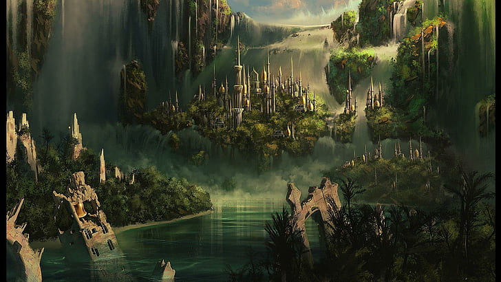 Королевство среди водопада в джунглях, древние руины, иллюстрация, фэнтези, 1920x1080, водопад, замок, джунгли, королевство, HD обои