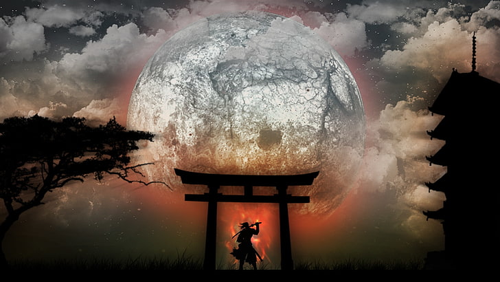 рисунки самураев япония луна 1920x1080 космические луны HD art, луна, япония, HD обои