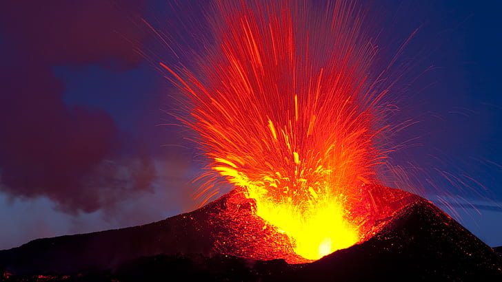 Извержение вулкана Лава ночью HD, извержение вулкана, природа, ночь, вулкан, лава, извержение, HD обои