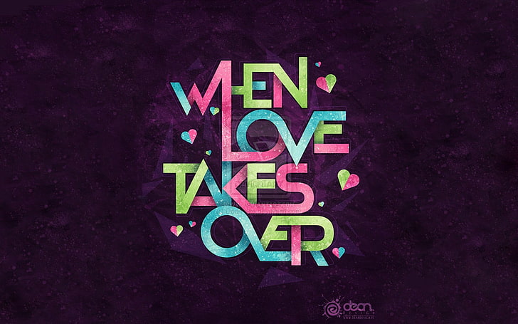 blue, pink, and green when love takes over quote digital wallpaper, typography, quote, purple background, colorful, love, HD wallpaper