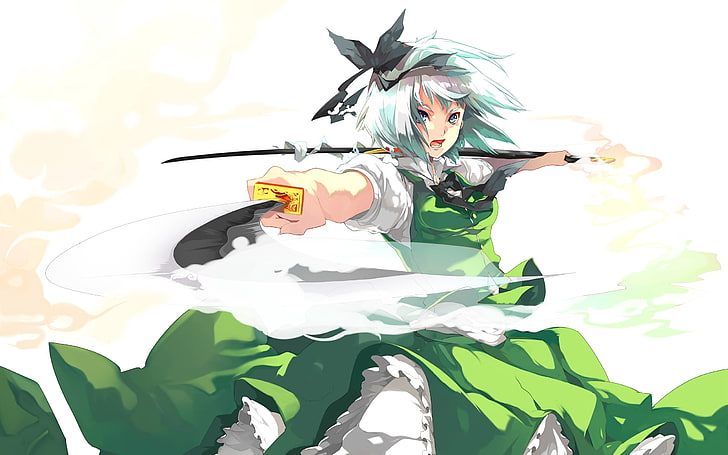 female with sword illustration, konpaku youmu, girl, kick, scream, HD wallpaper