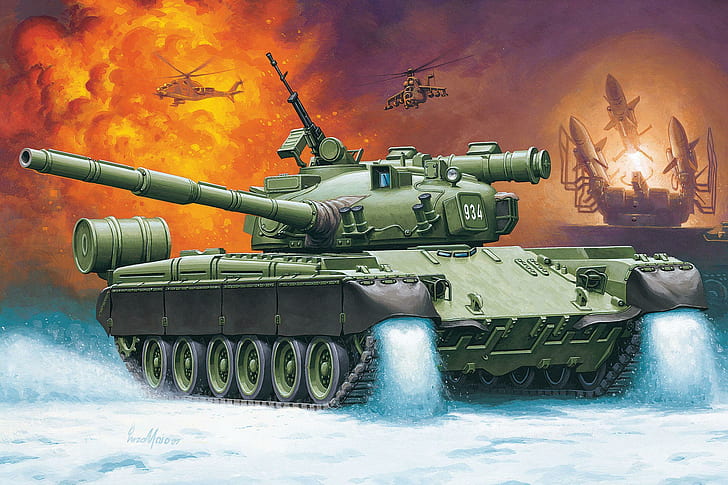 T-80 ، دبابة حربية خضراء وسوداء ، دبابة قتال رئيسية T-80 mbt ، روسيا ، رسم ، إنزو مايو ، طائرات طائرات، خلفية HD