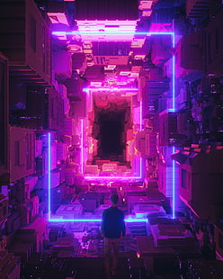 mężczyzna stojący w budynku, osoba stojąca przed światłami, beeple, sztuka cyfrowa, 3D, kwadrat, miasto, cyberpunk, Tapety HD HD wallpaper