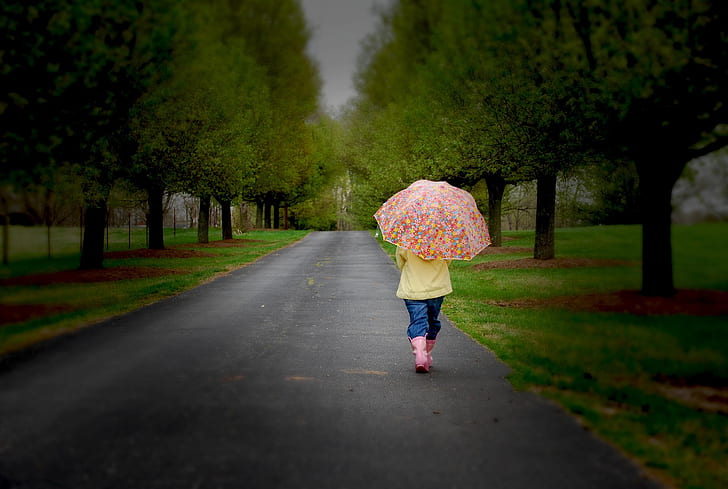 road, sadness, trees, nature, children, childhood, umbrella, child, lonely, little girl, HD wallpaper