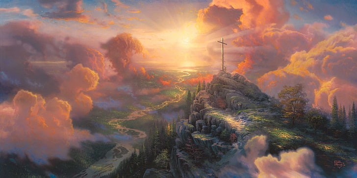 salib putih, cahaya, salib, lukisan, Thomas Kinkade, sinar matahari, Salib, Wallpaper HD