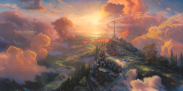 salib putih, cahaya, salib, lukisan, Thomas Kinkade, sinar matahari, Salib, Wallpaper HD HD wallpaper