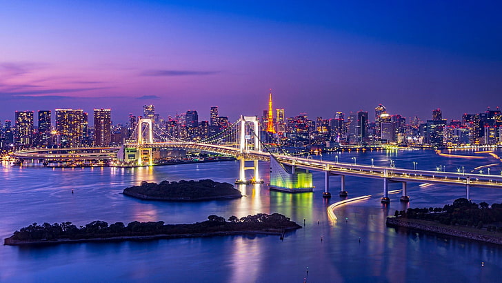 water, daiba, minato, asia, skyscraper, japan, night, dusk, bridge, rainbow bridge, sky, metropolis, tokyo bay, landmark, bay, skyline, city, cityscape, HD wallpaper