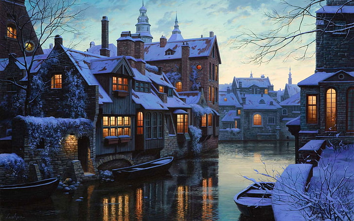 lukisan rumah dan sungai, musim dingin, salju, lampu, sungai, rumah, kapal, Belgia, senja, lukisan, rumah, Senja di Bruges, Eugeny Lushpin, Eugene Lushpin, Bruges, Senja di Brugge, Brugge, Lushpin, Wallpaper HD