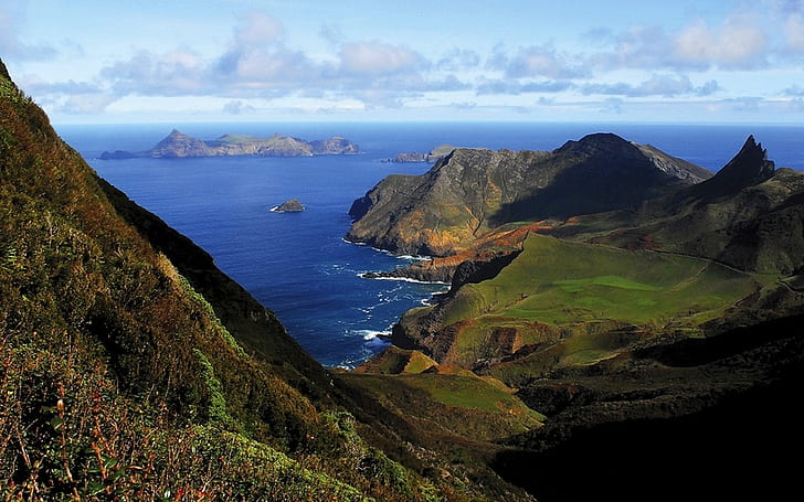 naturaleza, paisaje, montañas, isla, mar, acantilado, arbustos, nubes, costa, Chile, Fondo de pantalla HD