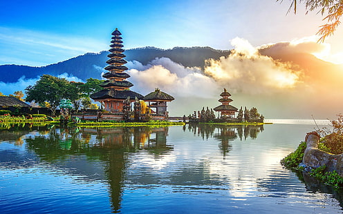 寺院、プラウルンダヌブラタン、インドネシア、湖、反射、寺院、 HDデスクトップの壁紙 HD wallpaper