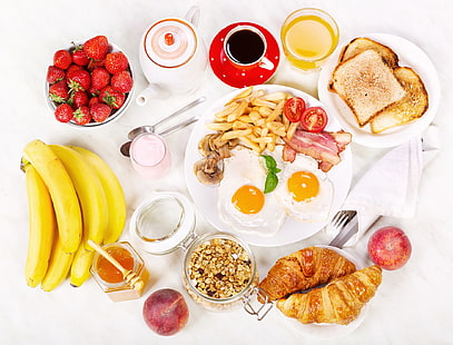 Храна, закуска, кроасан, яйце, плодове, натюрморт, HD тапет HD wallpaper