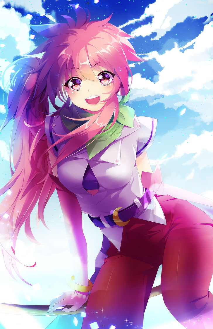 Anime, Anime Girls, lange Haare, rosa Haare, rosa Augen, Himmel, Wolken, HD-Hintergrundbild, Handy-Hintergrundbild