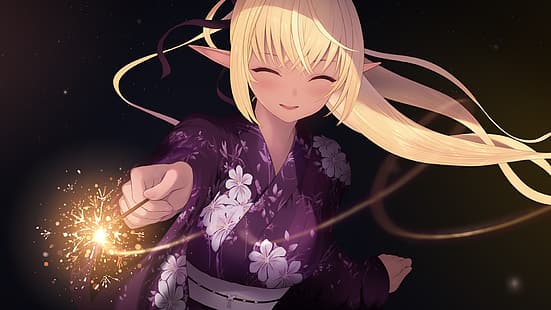 Anime-Mädchen, Hololive, Shiranui Flare, Cait, japanischer Kimono, lächelnd, HD-Hintergrundbild HD wallpaper