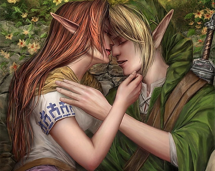 Zelda and Link wallpaper, love, kiss, elfs, HD wallpaper