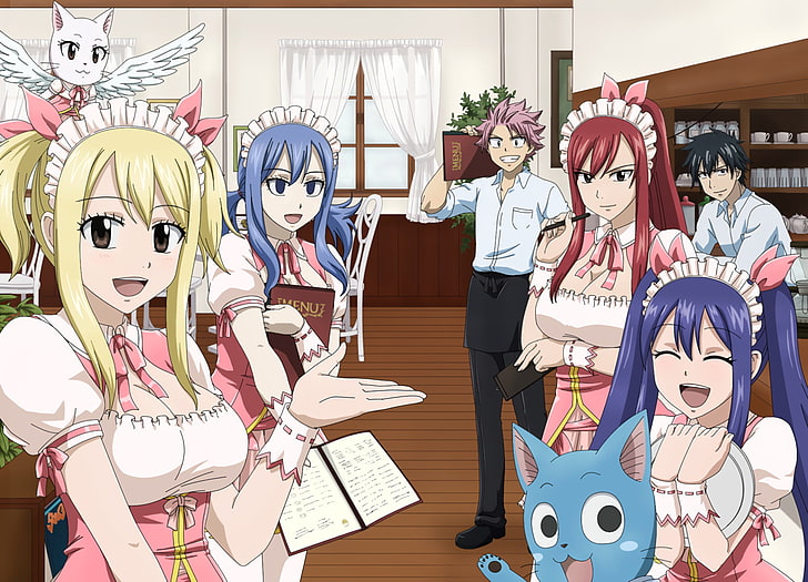 Anime, Fairy Tail, Charles (Fairy Tail), Erza Scarlet, Gray Fullbuster, Happy (Fairy Tail), Juvia Lockser, Lucy Heartfilia, Natsu Dragneel, Wendy Marvell, HD tapet