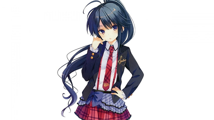 school uniform, minimalism, anime girls, simple background, ponytail, black hair, AJ Sanders, schoolgirl, white background, tie, HD wallpaper