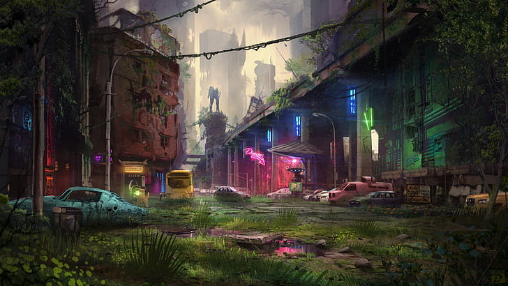 artwork, futuristic, colorful, cityscape, ruin, apocalyptic, HD wallpaper