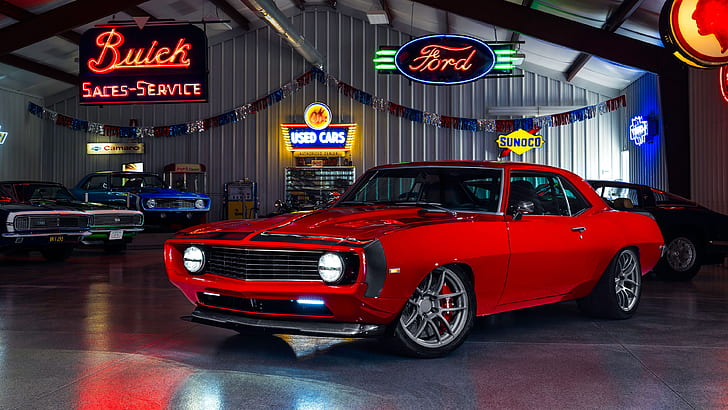 red car, garage, muscle car, classic car, HD wallpaper