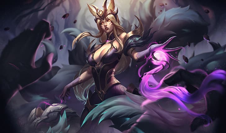 Unstable Anomaly, drawing, League of Legends, women, Ahri (League of Legends), blonde, fox girl, long hair, fighting, spell, purple, nine tails, red eyes, fantasy art, video game art, HD wallpaper