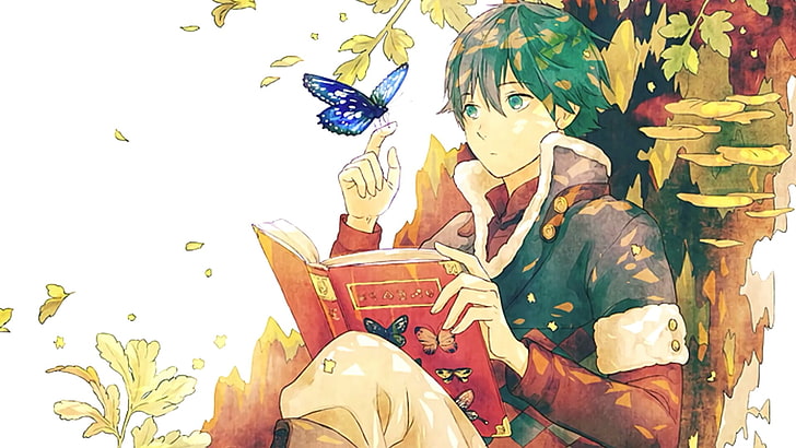 seni anime, anime boy, cowok anime, buku, baca, kupu-kupu, pohon, seni, Wallpaper HD