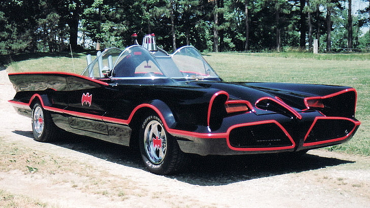 classic black and red convertible on gray soil, Batmobile, vintage, old car, Batman logo, Batman, scanned image, HD wallpaper