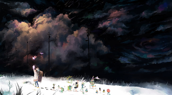 Snow Girl, children catching butterlfies painting, Artistic, Fantasy, Friends, dark sky, child, HD wallpaper