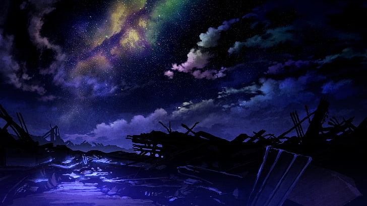 Technoheart, anime, apocalíptico, arte de fantasia, céu, espaço, estrelas, ruína, HD papel de parede