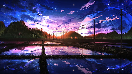 аниме пейзаж, живописные, луна, живопись, небо, аниме, HD обои HD wallpaper