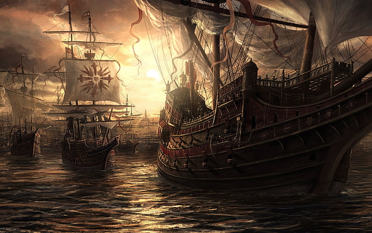 Arte de la fantasía del paisaje por Rado Javor, ilustración barco Clipper, Arte y creativo,, escena, marrón, el arte, Fondo de pantalla HD