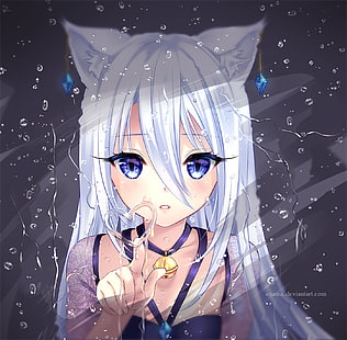 personaje de anime femenino de pelo blanco, chicas anime, orejas de gato, cabello blanco, agua, gotas de agua, DeviantArt, ojos azules, amor, orejas neko, Fondo de pantalla HD HD wallpaper