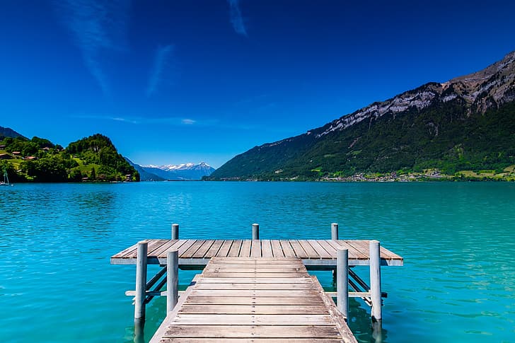 montañas, lago, relax, calma, Suiza, el puente, Iseltwald, Fondo de pantalla HD
