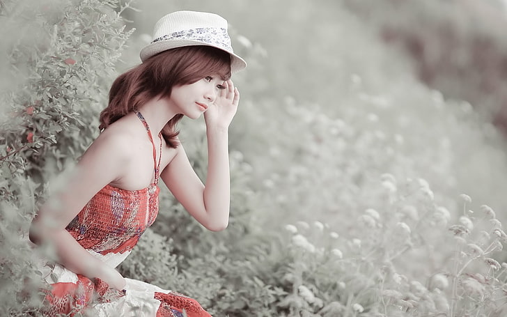 Asian, women, hat, women outdoors, dress, model, millinery, HD wallpaper