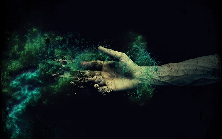 mão humana com ilustração de fumaça verde, mãos, resumo, veias, arte digital, manipulação de fotos, editado, fotografia, arte de fantasia, verde, HD papel de parede