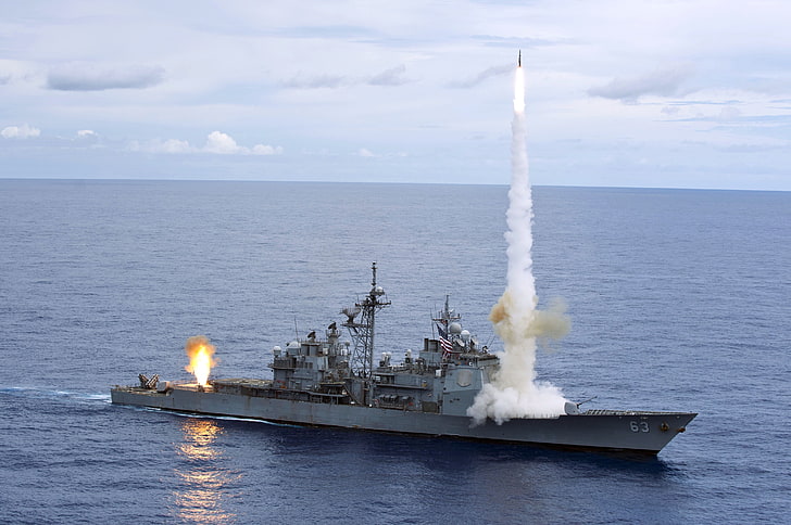 Ticonderoga-class, การยิง, เรือลาดตระเวน, กองทัพเรือสหรัฐฯ, USS Cowpens, แตร, CG-63, USA, วอลล์เปเปอร์ HD