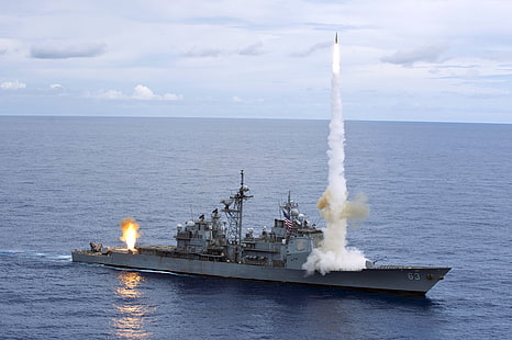 Ticonderoga-class, การยิง, เรือลาดตระเวน, กองทัพเรือสหรัฐฯ, USS Cowpens, แตร, CG-63, USA, วอลล์เปเปอร์ HD HD wallpaper