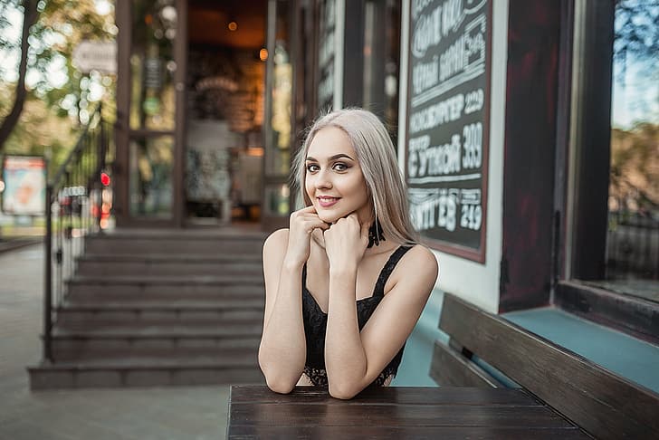 look, pose, street, model, the building, portrait, makeup, hairstyle, blonde, ladder, topic, beauty, the sidewalk, sitting, bokeh, smiling, at the table, A Diakov George, Georgy Dyakov, HD wallpaper