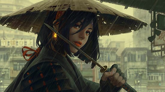  anime, warrior girls, samurai, GUWEIZ, HD wallpaper HD wallpaper