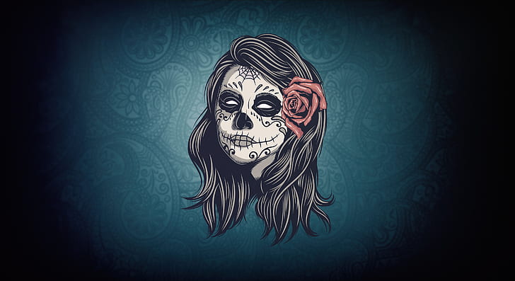 wanita, karya seni, bunga di rambut, Dia de los Muertos, tengkorak, Wallpaper HD