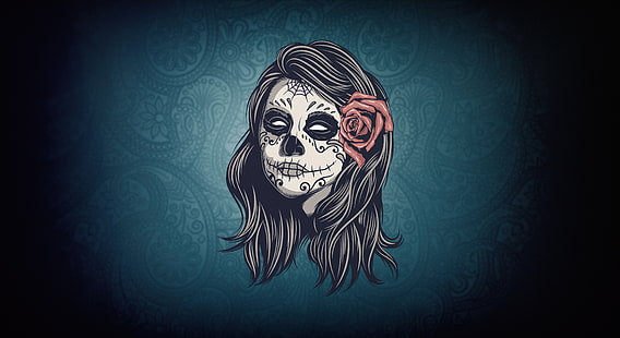 kobiety, dzieło sztuki, kwiat we włosach, Dia de los Muertos, czaszka, Tapety HD HD wallpaper