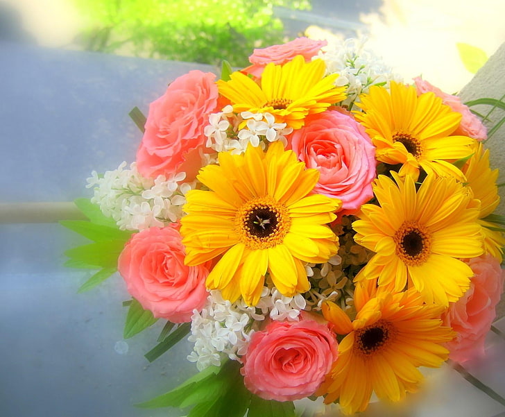 pink, white, and yellow roses, daisies and hydrangea bouquet, gerbera, rose, lilac, bouquet, beautifully, HD wallpaper