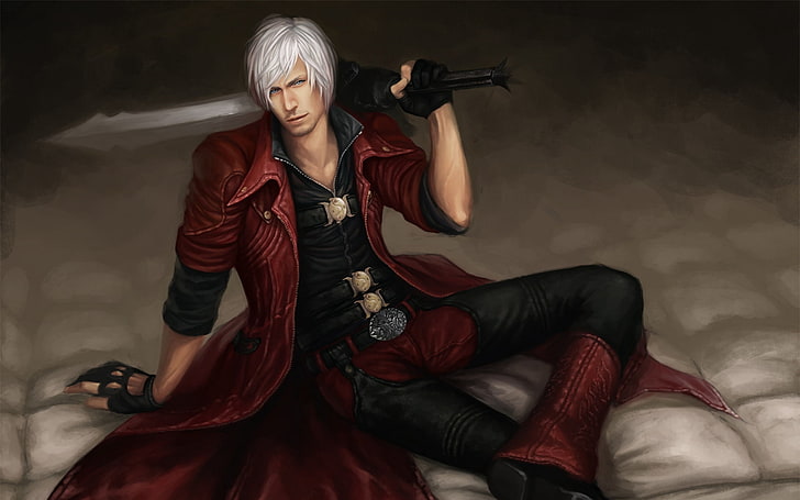 Hombre con cabello blanco sosteniendo espada y vistiendo papel tapiz gráfico de abrigo rojo, Devil May Cry 4, DMC 4, personaje, arte, Fondo de pantalla HD