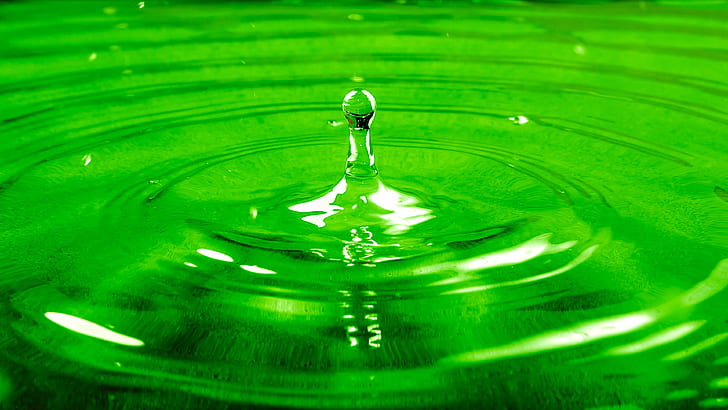 drop of water, green, ripple, water, HD wallpaper