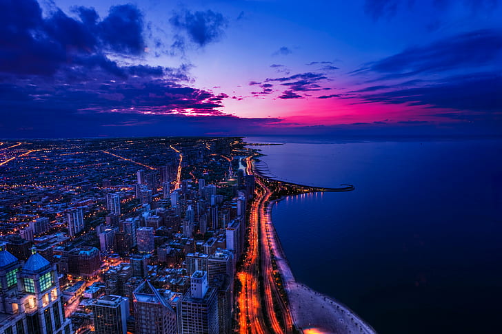 view of buildings beside ocean during night time, The Great Snake, view, buildings, ocean, night time, kern, justin, Nikon  D700, Northbound, Lake  Shore  Drive, Blue  Hour, North  Avenue, Beach, Oak  Street, twilight, HDR, photomatix, Chicago, Chicagoist, Sunset, John  Hancock  building, observatory, Summer, Nikkor, f/3.5, panorama, night, cityscape, urban Skyline, architecture, famous Place, urban Scene, city, skyscraper, downtown District, dusk, sea, HD wallpaper