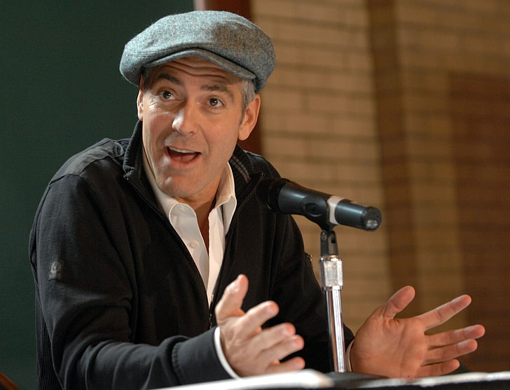 czarna męska kurtka z zamkiem na całej długości, George Clooney, mężczyzna, aktor, celebrytka, mikrofon, Tapety HD